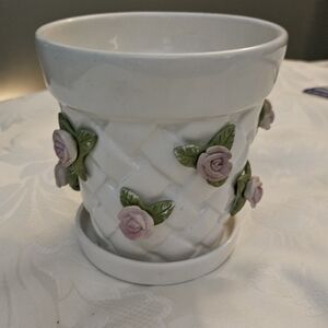 White Planter with Pink Roses